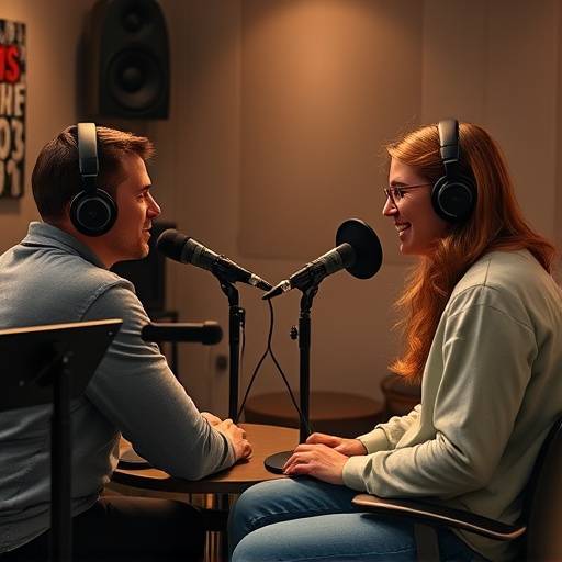 Duas pessoas gravando um podcast em um estüdio.