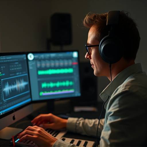 Um compositor trabalhando em seu computador, com fones de ouvido, criando uma trilha sonora em um software de produäão musical.