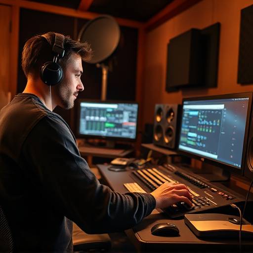 Um engenheiro de som trabalhando em um estüdio de design de som, manipulando equipamentos de áudio e olhando para uma tela de computador.