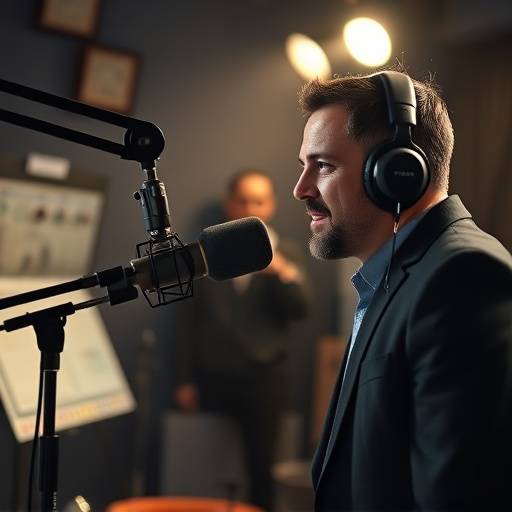 Um locutor profissional gravando um comercial de rádio em um estüdio.