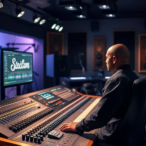 Um produtor musical trabalhando em uma mesa de mixagem em um estüdio.