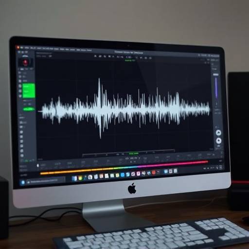 Uma tela de computador mostrando um software de restauraäão de áudio, com ondas sonoras sendo processadas e limpas.